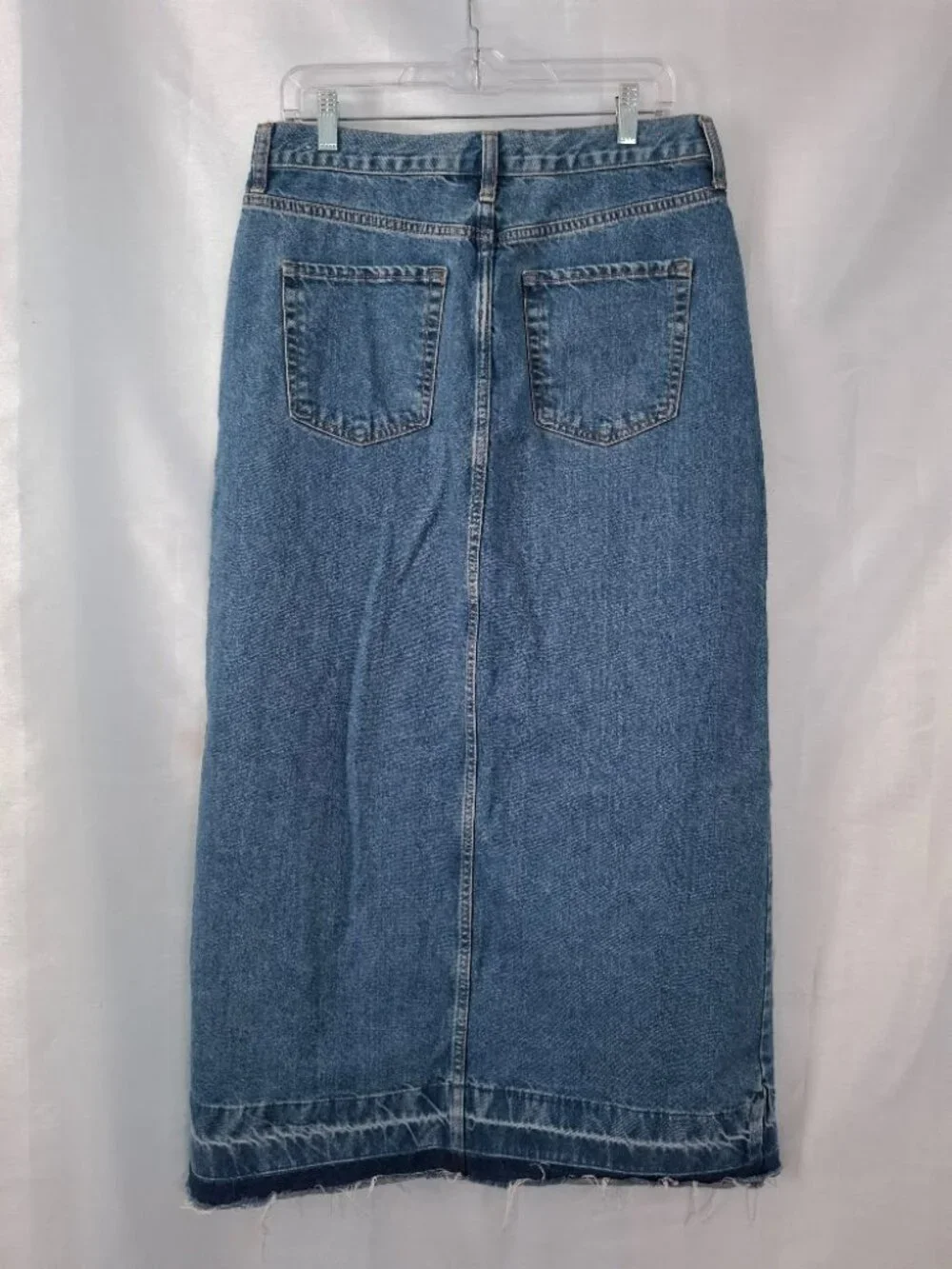 MNG Blue Denim Maxi Skirt Size L Front Slit Open Hem Cotton Size L